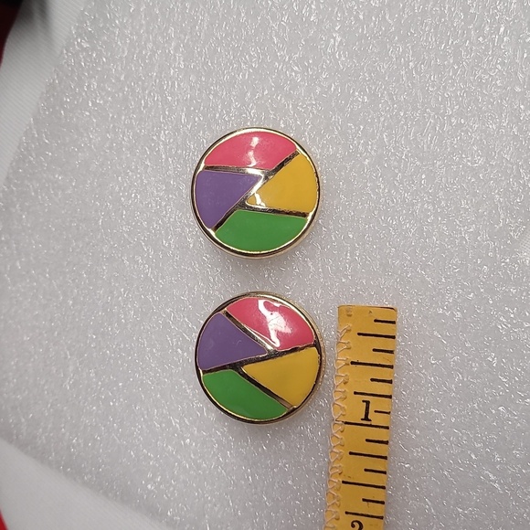 Vintage Gold-toned colorful enamel earrings green yellow pink purple color - Picture 8 of 8